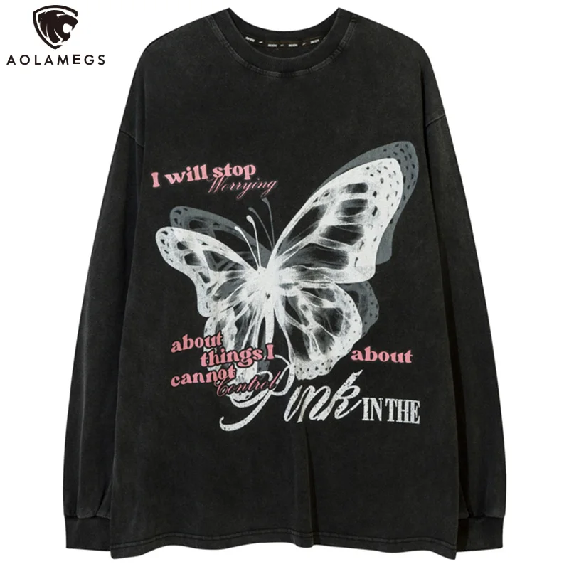 

Aolamegs Men's Oversized Sweatshirt Abstract Butterfly Alphabet Print Long Sleeves Pullover Hip Hop Fashion Casual Streetwear