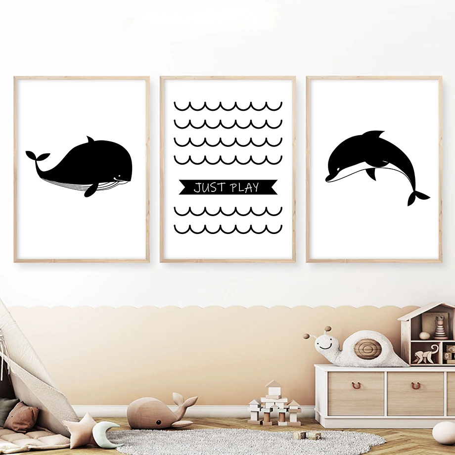 

Baby Whale Dolphin Cartoon Fish Nursery Art Canvas Painting Black White Just Play Kids Room Posters Prints Home Bedroom Decor