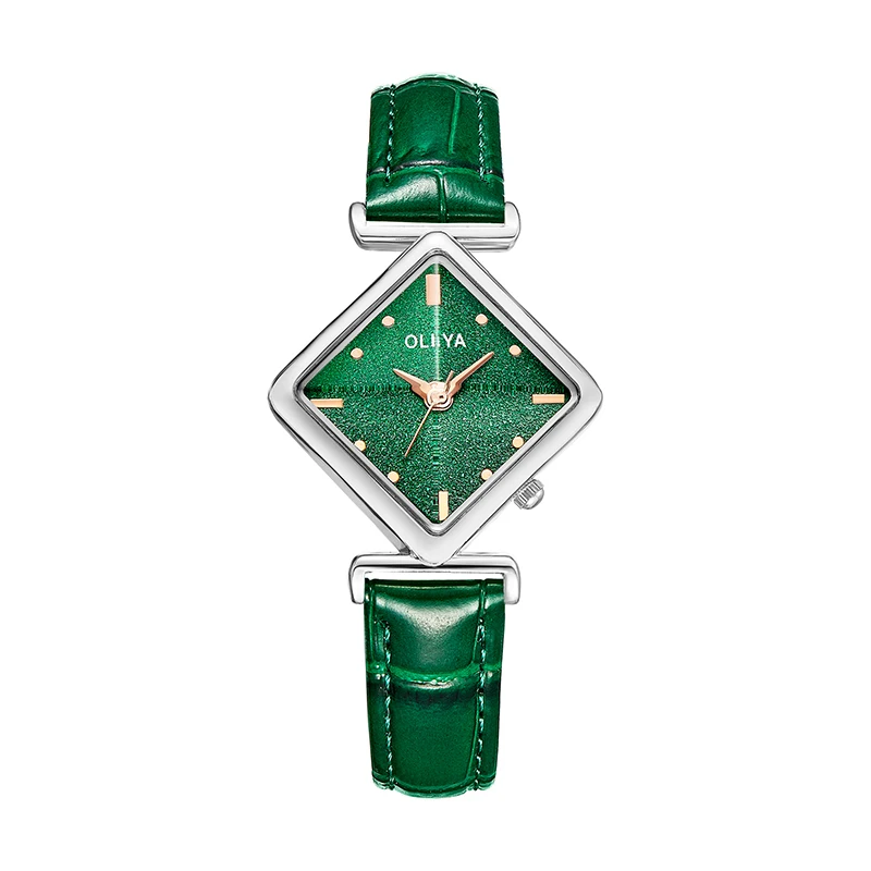 

Oliya Elegant Ladies Equilateral Rhombic Watch Dial Diamond Glass Anti-scratch Mirror Colorful Leather Quartz Women's Watch