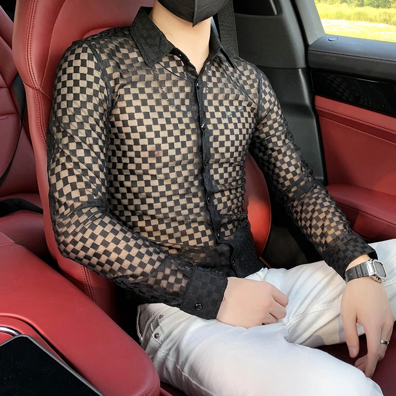 Men Dress Shirt 2022 Fashion Sexy Transparent Lace Long Sleeve Slim Fit Casual Shirt Social Party Nightclub Tuxedo Stage Costume