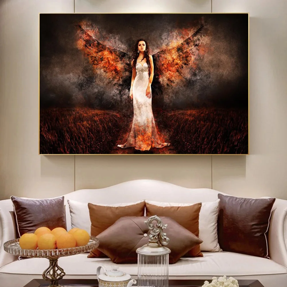 Абстрактная девушка пламя ангельские крылья холст картина дьявол постер с
