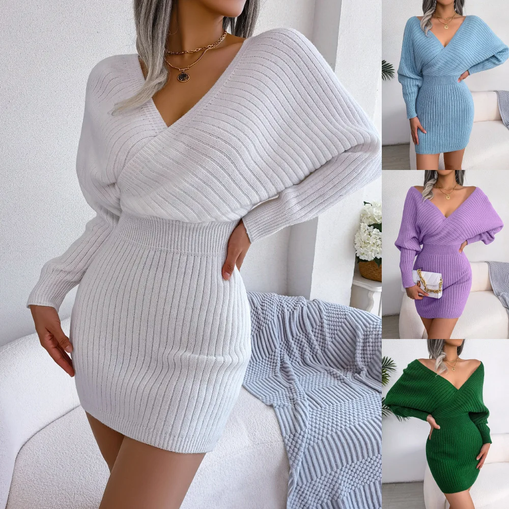 

2022 Sexy Cross V-neck Elegant Office Lady Long Sleeve Fashion V Neck Wrap Mini Dresses Dres