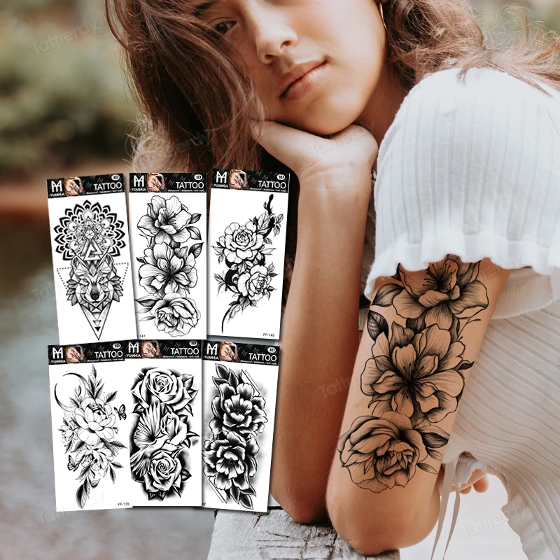 

Водостойкие временные тату-наклейки, 15 шт./лот, цветы, роза, пион, эскиз, дизайн татуировок, черная рука, рукав, искусственная татуировка для ж...