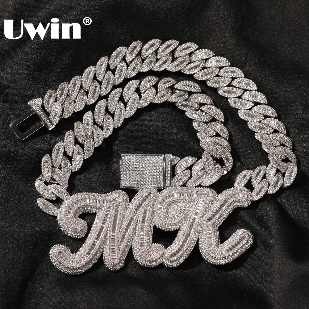 

UWIN Custom Name Pendant with 16mm Moon Shape Baguettecz Cuban Chain Iced Out Heavy Letters Charms Necklace Hip Hop Jewelry
