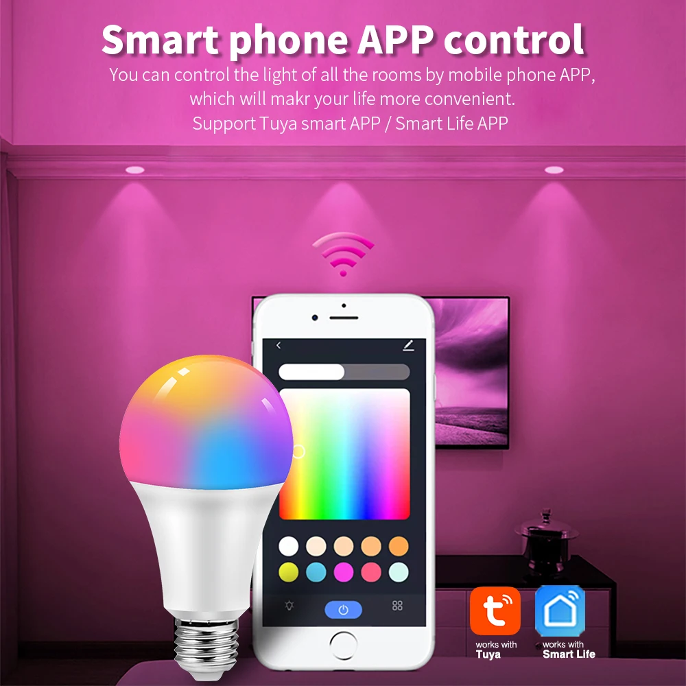 Умная цветная лампа E27 с Wi-Fi 9 Вт светодиодная RGB поддержкой Alexa Google Home Tuya Smart 110-250 В +