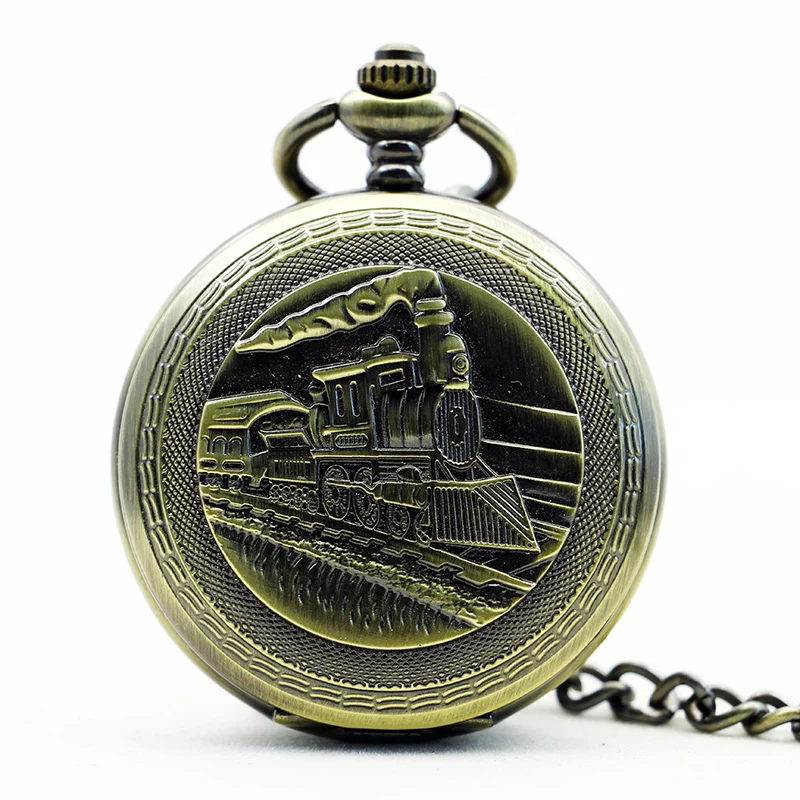 Steampunk Train Locomotive Bronze Retro Mehchanical Pocket Watch Men Engrave Skeleton Hand Watch Necklace With Chain Unisex Gift
