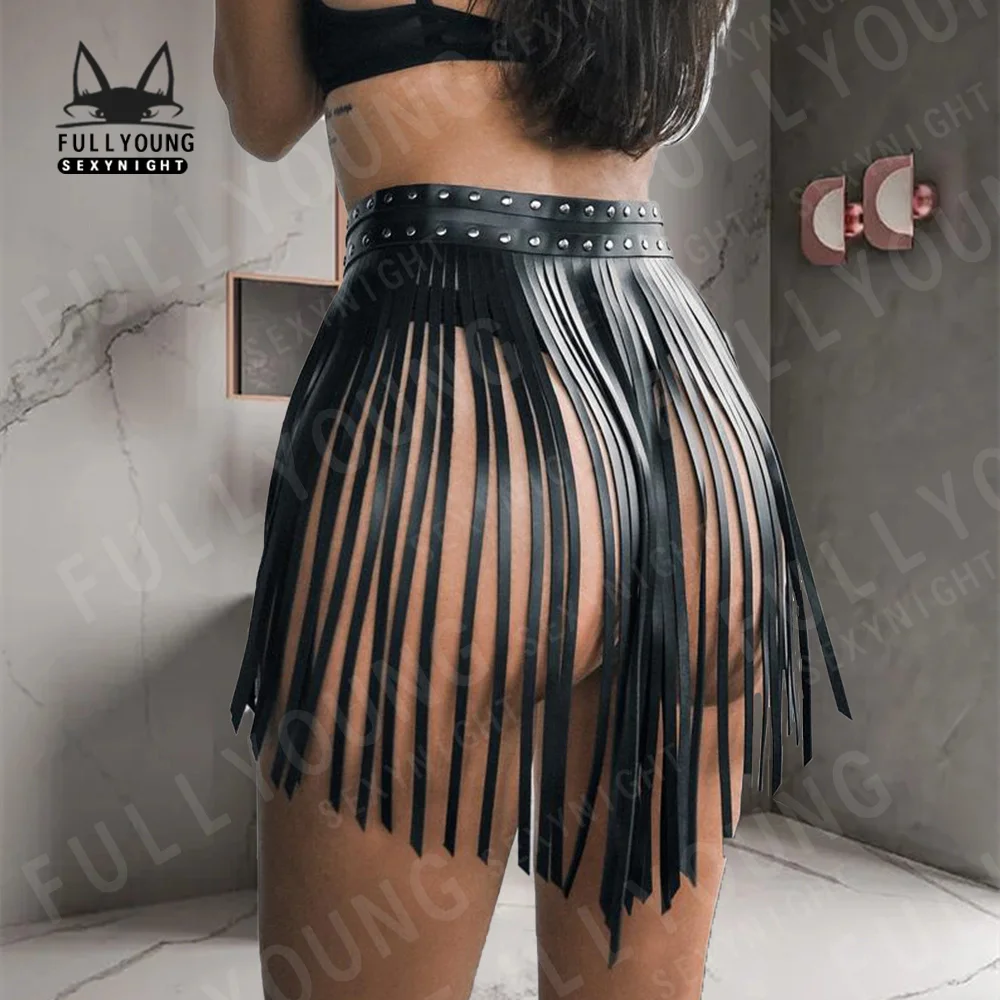 

Women High Waist Faux Leather Fringe Tassel Skirt Body Harness Halloween Party Rock Costume Clubwear Cosplay Sexy Garter Belt