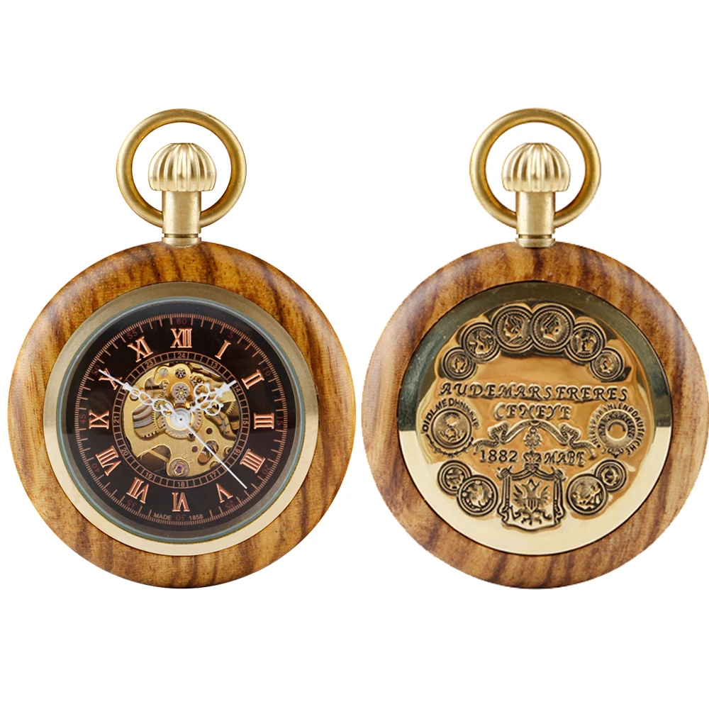 Wood Special Design Fashion Pocket Watch Mechanical Vintage Necklace Men Women Birthday Anniversary Gift With Box