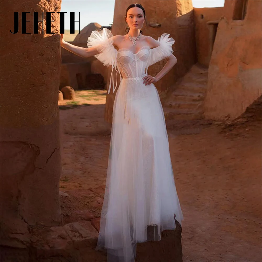 

JEHETH Vintage Bohemia Tulle Beach Wedding Dresses Ruched Off Shoulder Lace Backless Appliques Sweetheart A-Line Bridal Gowns