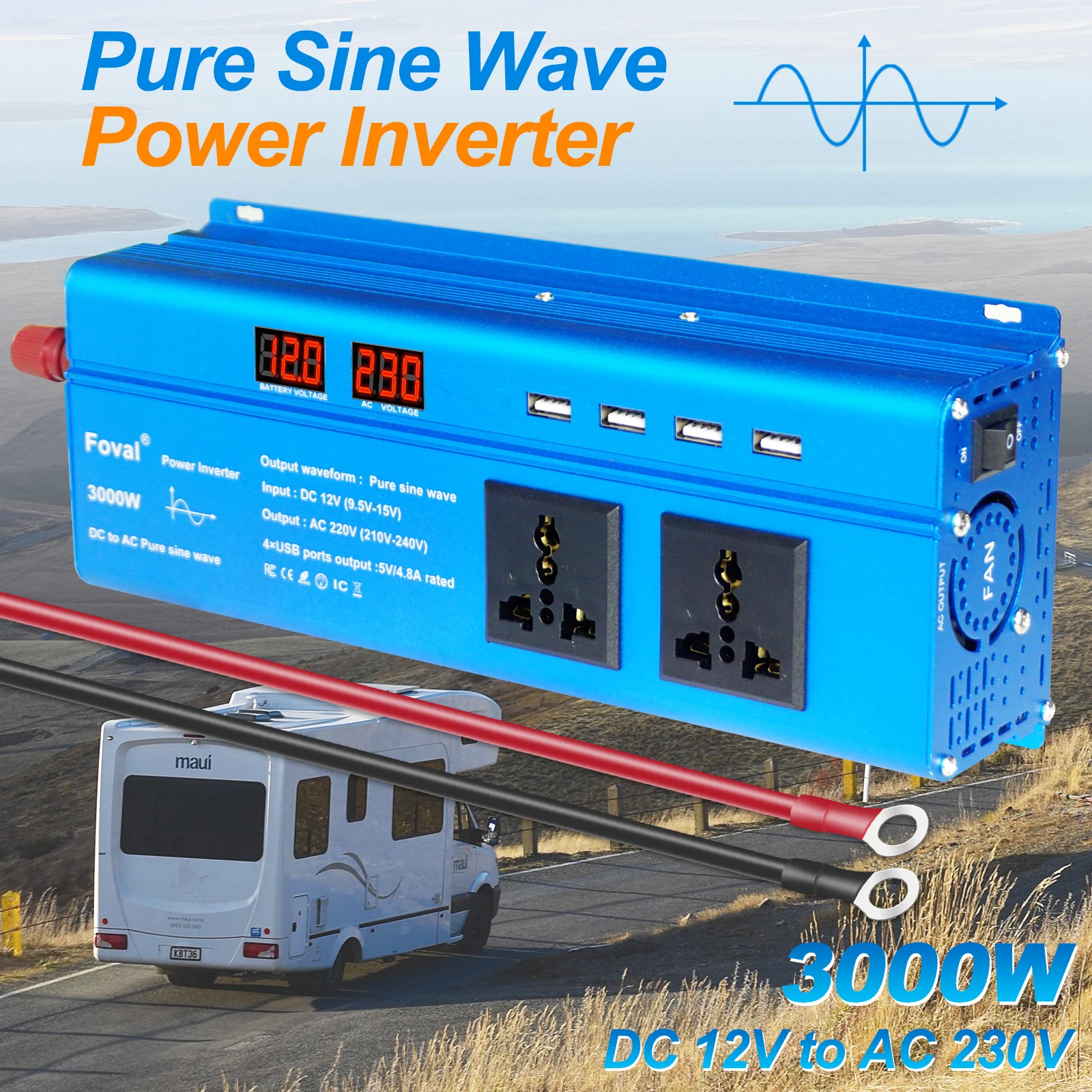 Pure Sine Wave DC12V/24V 50Hz AC 220V 3000W/2600W/2200W/1500W LED Display Voltage Transformer Converter Solar Power Inverter
