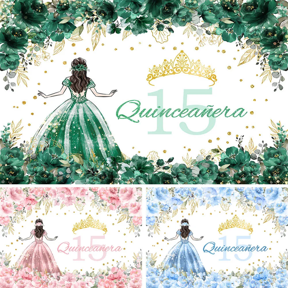 Quinceanera 15th Princess Birthday Backdrops For Photography Sweet Girl Green Dress Flowers Crown Party Decor Banner Background
