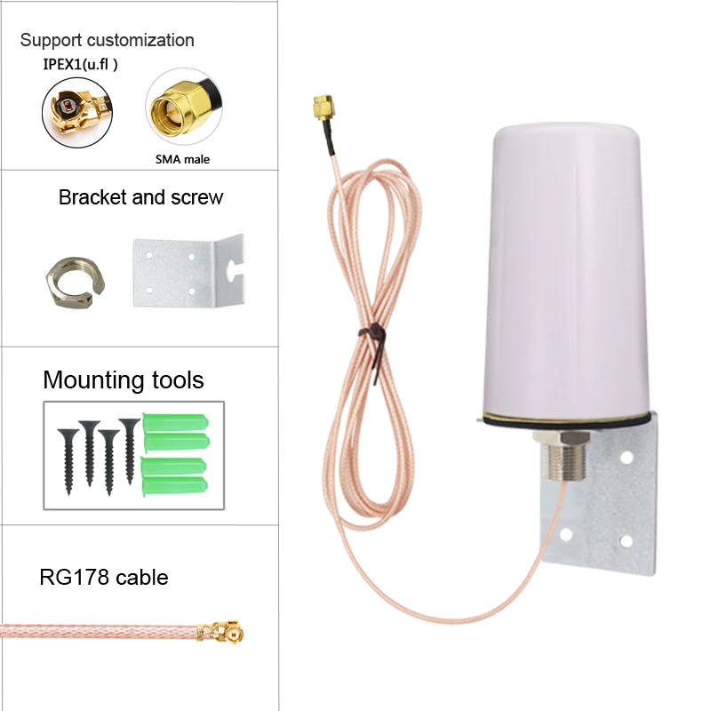 RG178 Low Loss Cable 5G 4G GSM LTE Full Band Cabinet Aerial High Gain 15dbi Omni Waterproof Outdoor Indoor Antenna IPEX U.FL