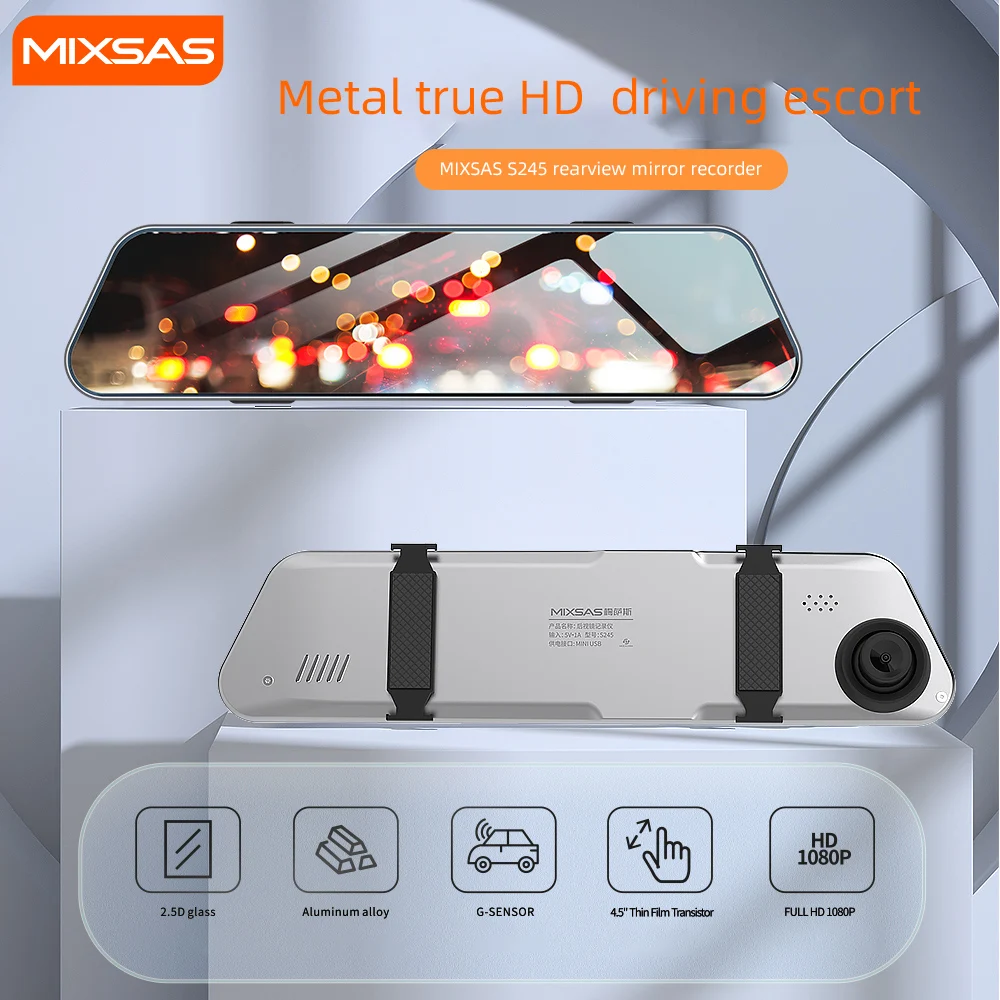 

Автомобильный мини-видеорегистратор MIXSAS S245 HD1080P 5V-1A, зеркальный видеорегистратор, автомобильная сенсорная камера IPS 4,5 дюйма с объективом 1 и...