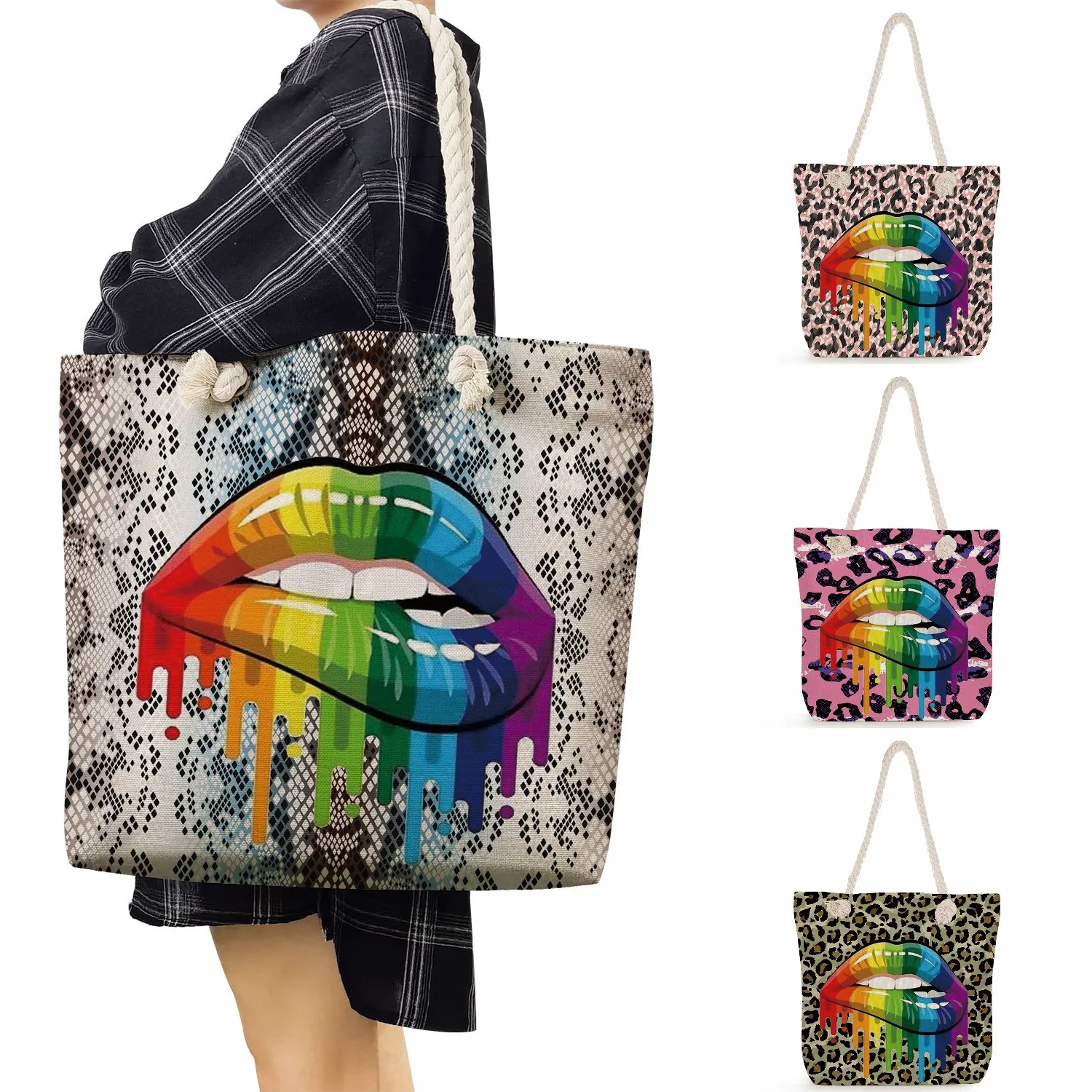 

Leopard Rainbow Lips Printed Tote Bag Female Polyester Travel Elegant Handbags For Women Fashion Reusable Thick Rope Shopper Bag