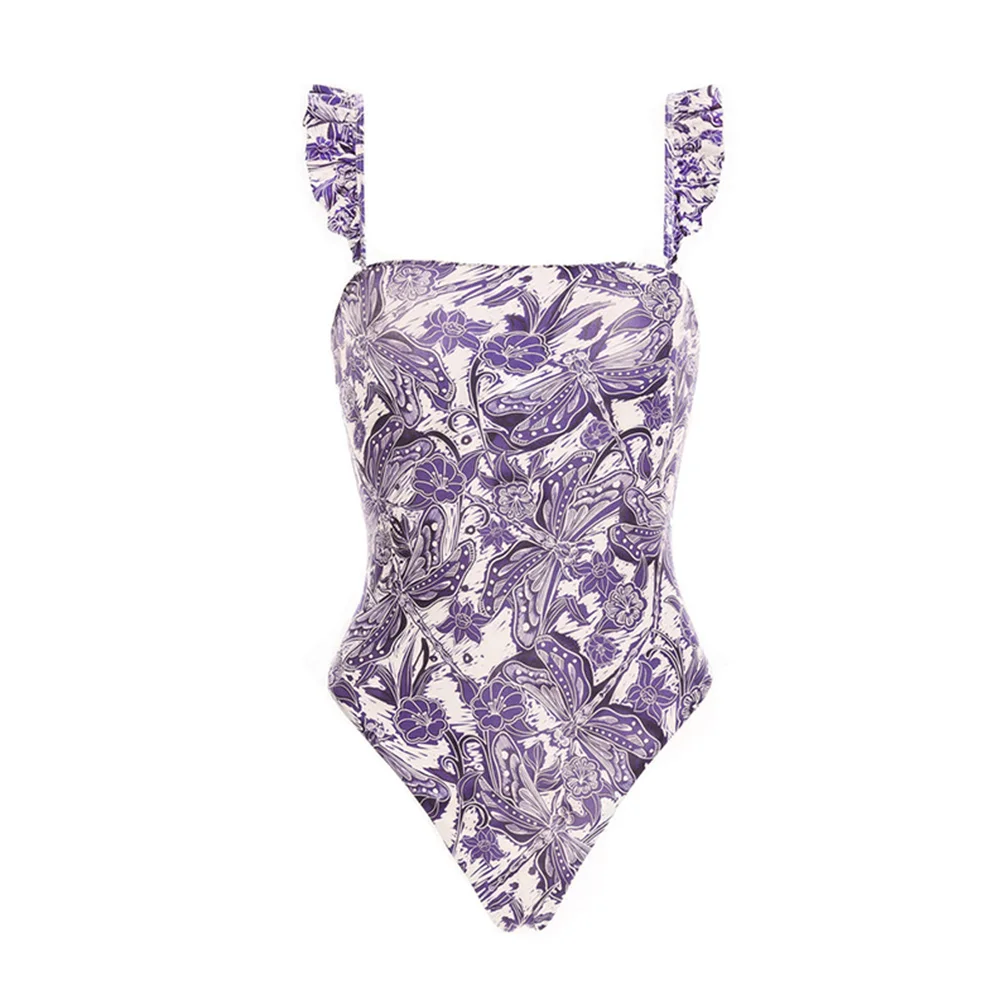Fashion Purple Print Sexy Gathering Swimsuit Split Slim High Waist Cropped Bikini Backless Chic Beachwear 2022 Seamless Splicing