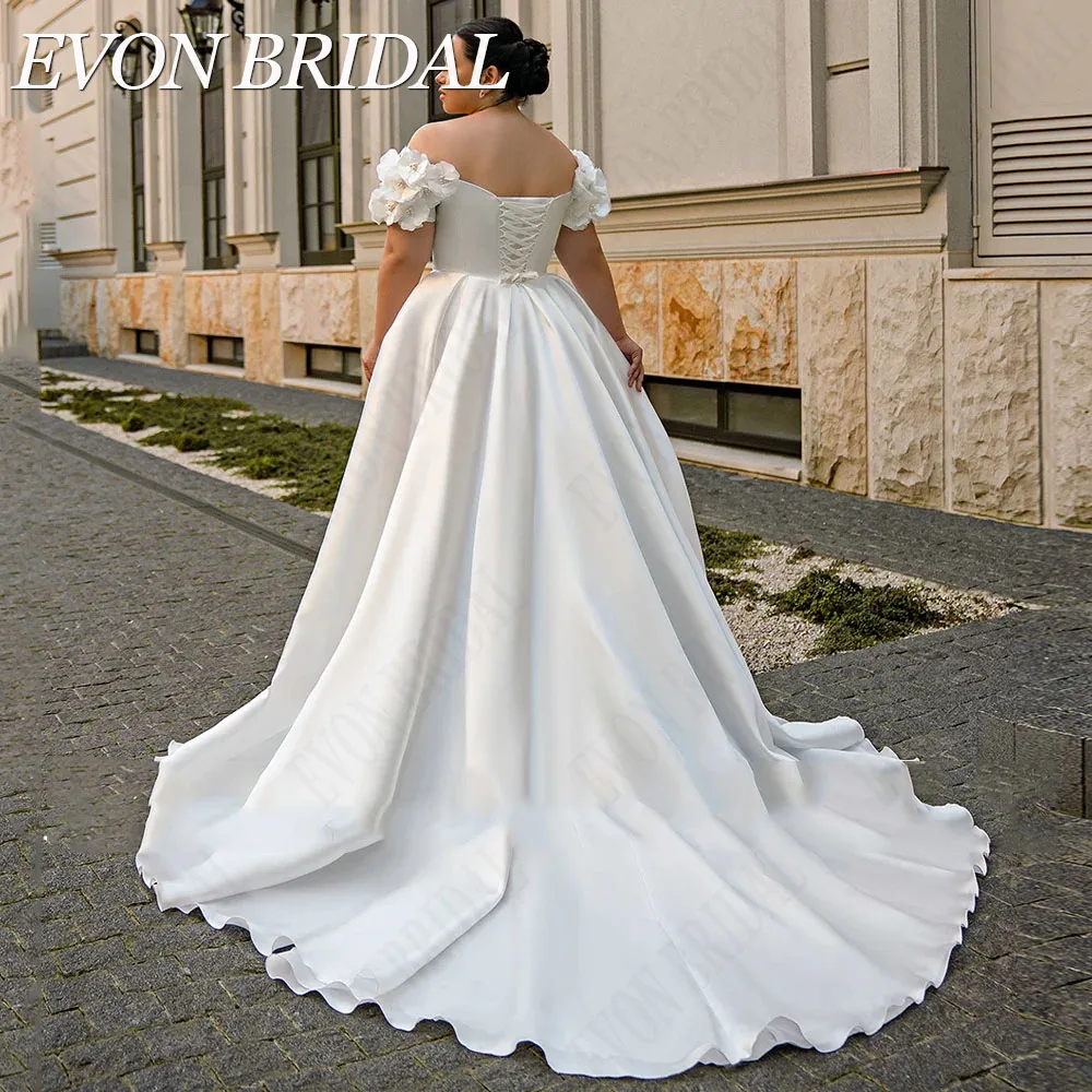 Фото Evon Bridal Сексуальное свадебное платье с увеличенной сатиновой пЖенское атласное платье EVON, сексуальное свадебное платье с открытыми плечами, V-образным вырезом и разрезом сбоку, ТРАПЕЦИЕВИДНОЕ платье невесты, 2019 №3
