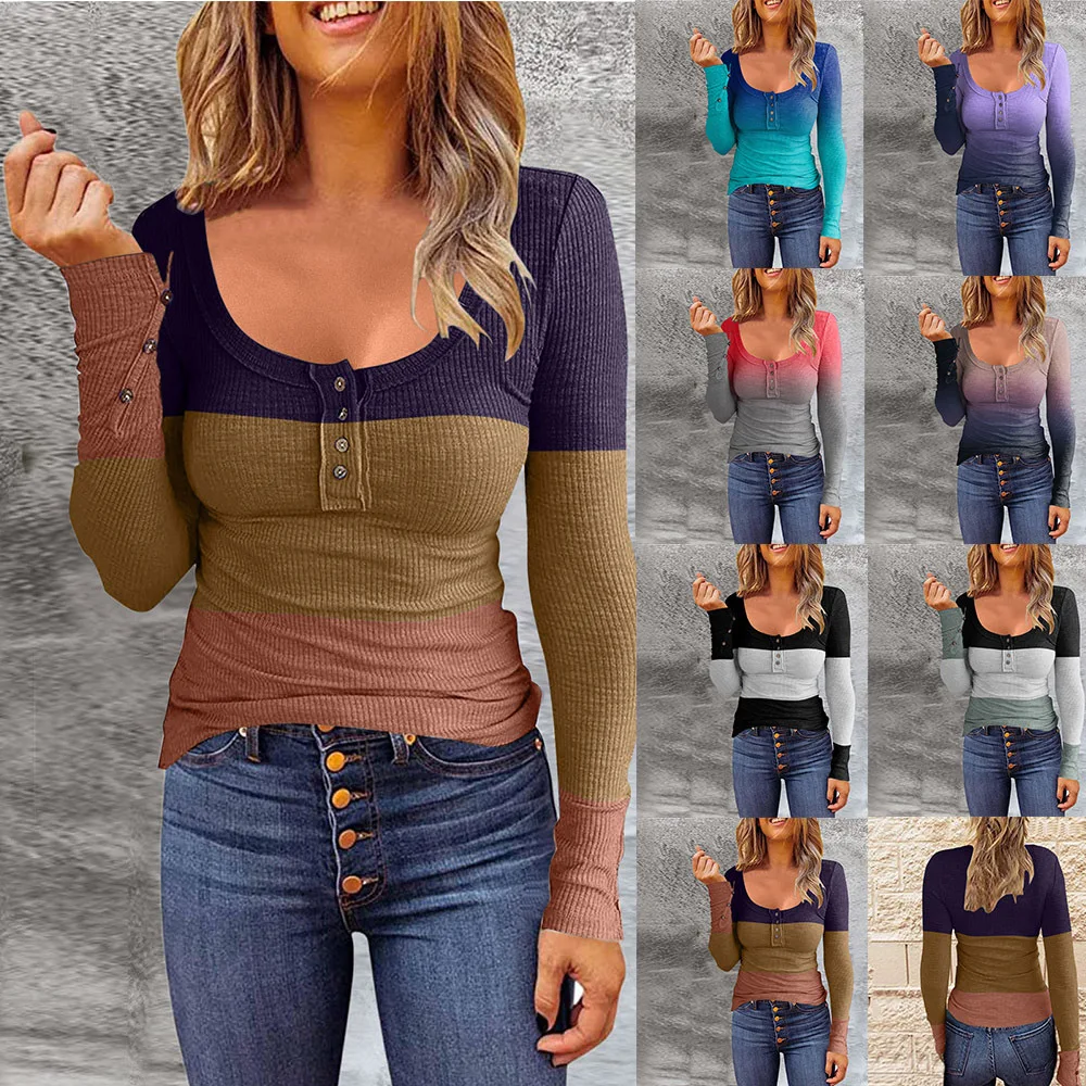 

Women's Colorblock Gradient T-Shirt Women's Round Neck Pullover Button Long Sleeve Fashion Slim Top