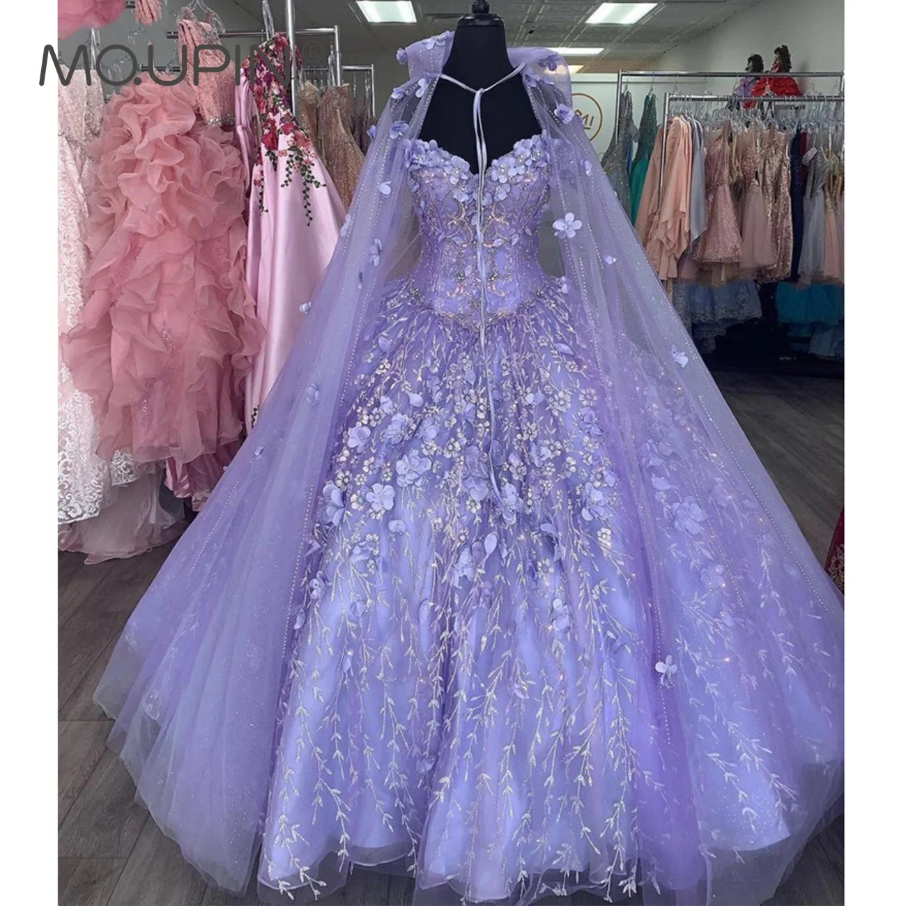 

MQUPIN Lavender Sweet Wedding Dresses With Lace flower cape Applique Off Shoulder Lace-up Prom Ball Gowns Graduation MP103