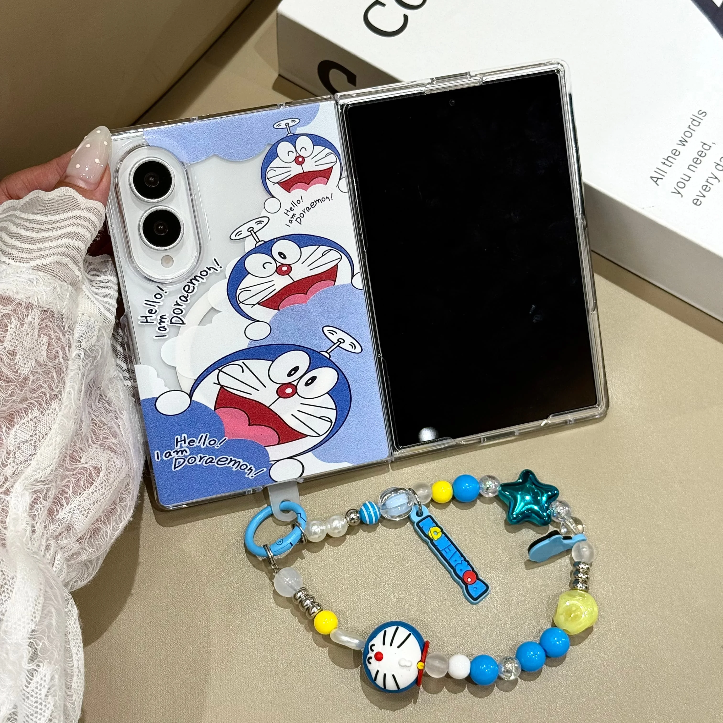 Фото Магнитный чехол для телефона Kawaii Doraemon для Samsung Galaxy Z Fold 8 Fold 3 4 5 6 7 8 Ultra с подставкой Magsafe и цепочкой, милые чехлы. №3