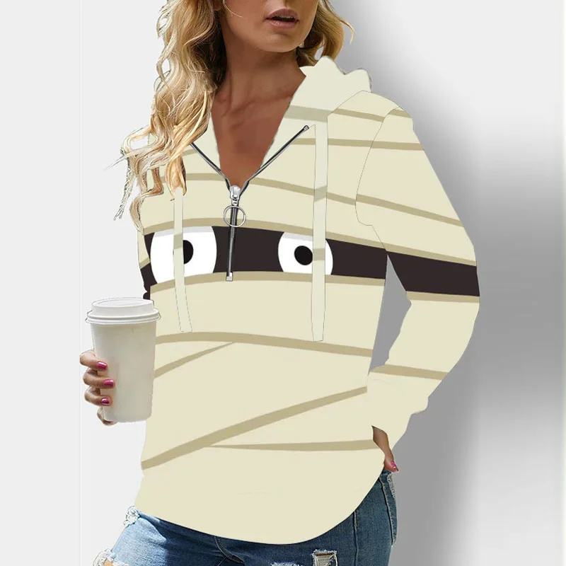 

Women's Halloween Mummy Eyes Print Long Sleeve Zip Hoodie
