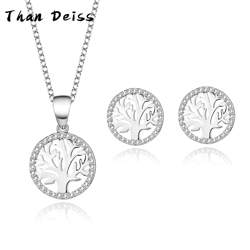 

European And American Jewelry Fashion Simple Glossy Diamond-set Tree Of Life Earrings Necklace 925 Sterling Silver Two-Piece Set