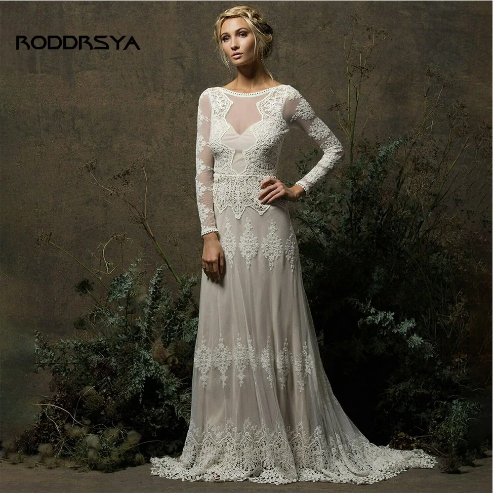 

Свадебное платье RODDRSYA в стиле бохо, с длинным рукавом и глубоким вырезом, с открытой спиной, индивидуальный пошив, Многоярусное кружевное ТРАПЕЦИЕВИДНОЕ платье невесты, 2023