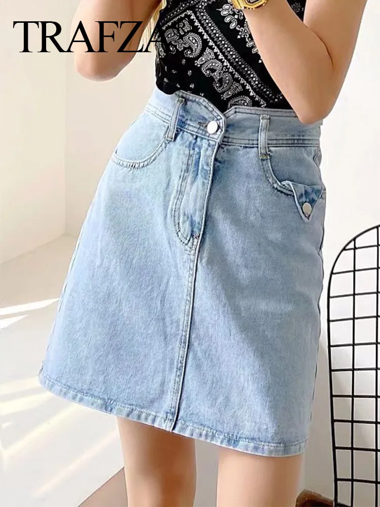 

TRAFZA Women Fashion High Waist Denim Mini Short Skirt Casual Slim Fit Light Blue Summer Elegant Simple Casual Short Skirt Woman