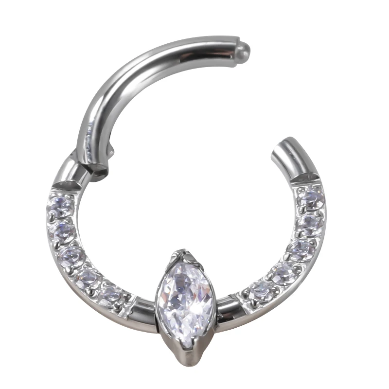 

GZN 1 PCS ASTM F-136 Daith Earrings Hoop CZ Pave Face With Marquise Stone Center Hinged Segment Hoop Rings Piercing Body Jewelry