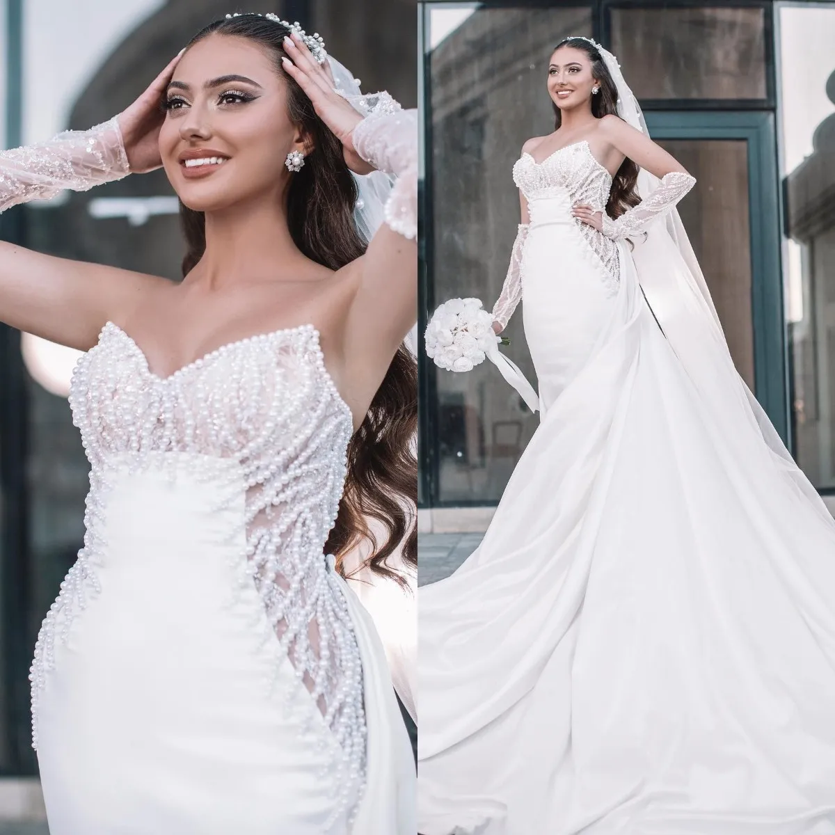 

Gorgeous White Mermaid Wedding Dress Pearls Strapless Strap Bridal Gowns With Detachable Train robes de mariee