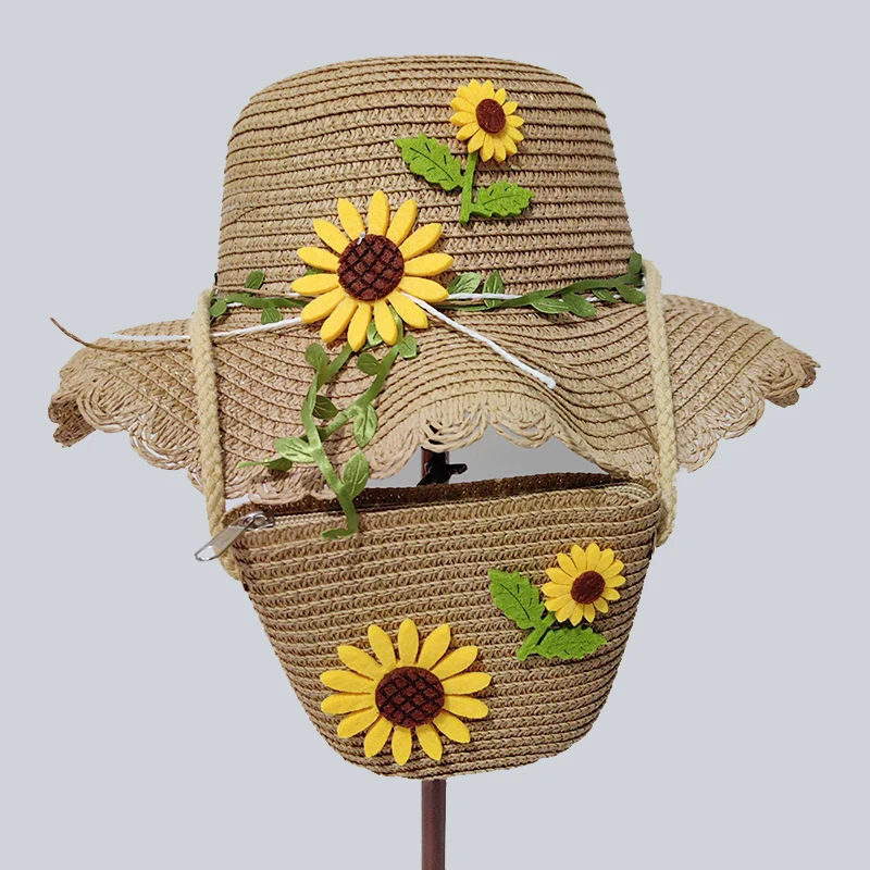Sunflower Straw Hat for Children Wide Brim Kids  Floppy Beach Sun Visor Hat and Bag Birthday Gift
