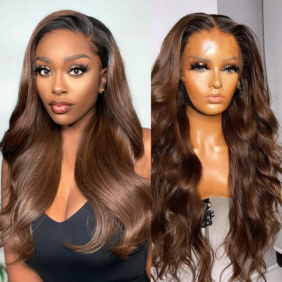 Brown 360 HD Glueless Frontal Body Wave 13x4 Lace Front Human Hair Wig Transparent Brazilian Remy Loose Ombre Chocolate Ginger