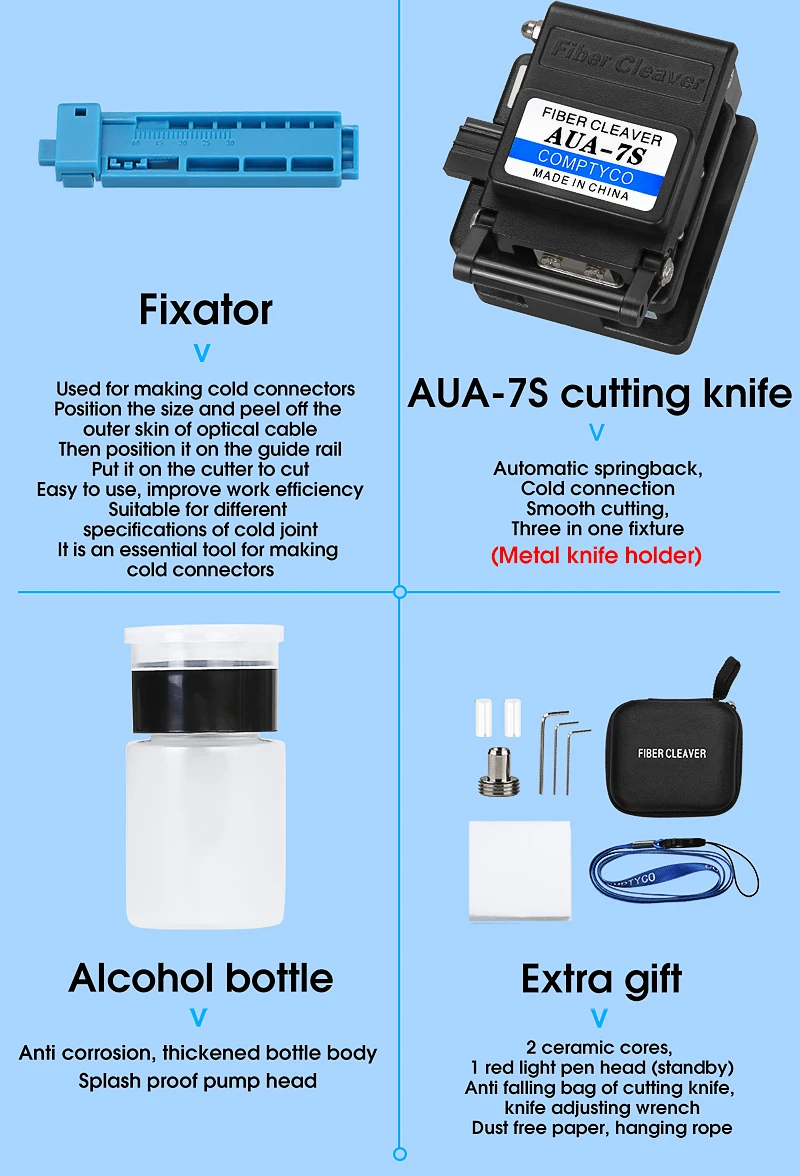 FTTH Fiber Optic Tool Kit Fiber Cleaver -70~+10dBm AUA-MC70 4 in 1 Mini Optical Power Meter with 15mw Visual Fault Locator