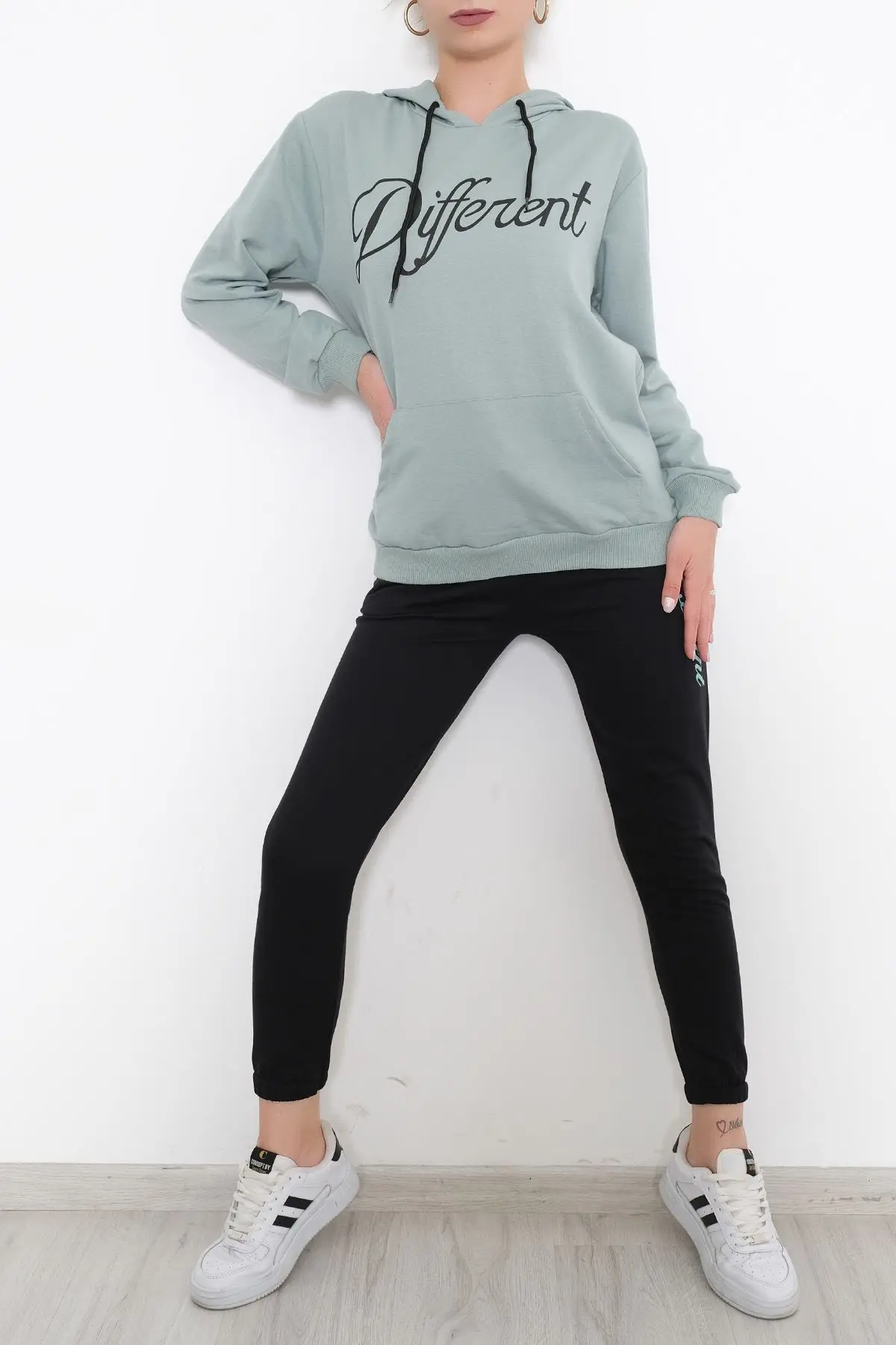 

Women Mint-SiyahKapşonlu Long Sleeve Sport Tracksuit Set New Season Free Shipping