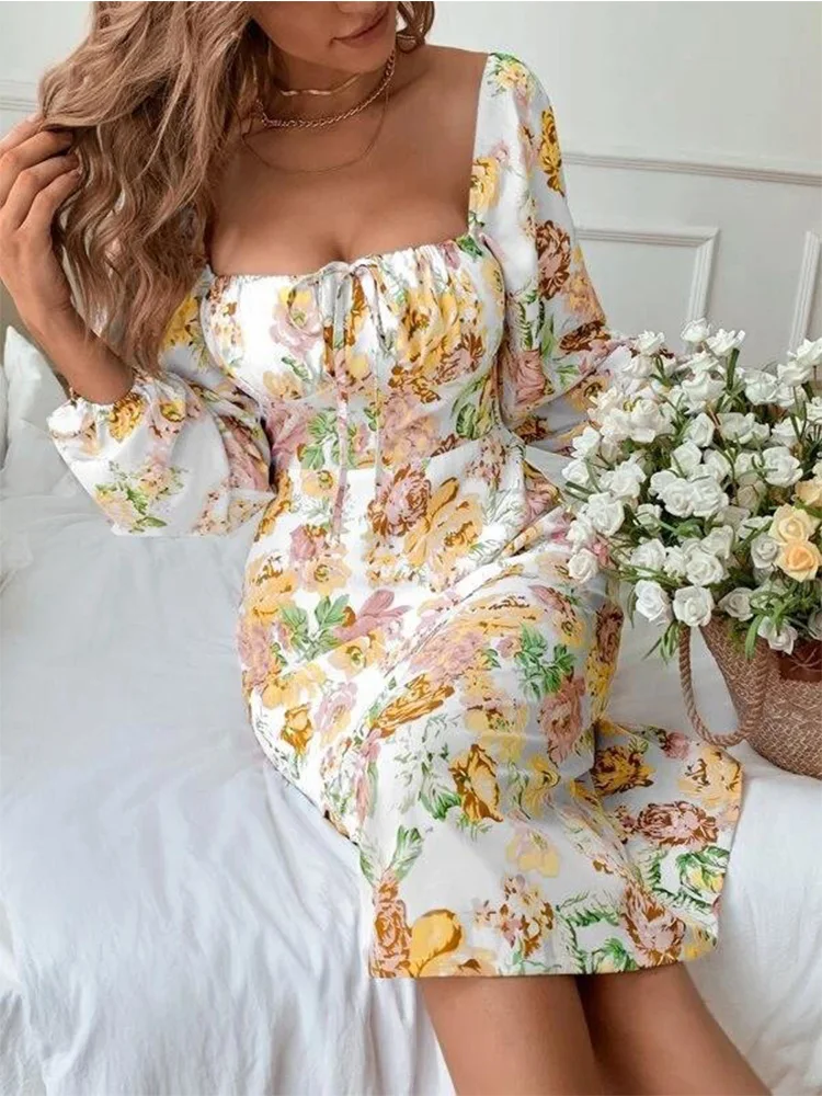 

Women's Sexy Dress Hot Sale Spring And Autumn Women's Square Neck Lace Floral Long Sleeve Dress 2021 Fall New