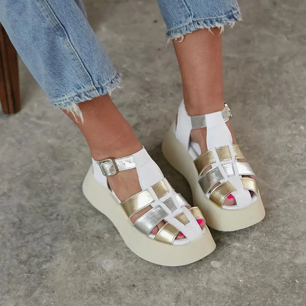 

Olimpus Inner Pad Soft Genuine Leather Outer Genuine Leather Striped Thick Platform Flat Sole Sandals Black White Silver Gold Su