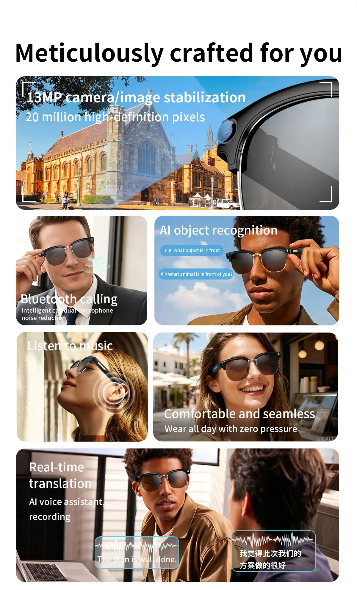 Фото Умные очки QINO AI с камерой 4K, голосовым помощником ChatGPT, Bluetooth-звонками, AI-переводом, аудиосистемой Open Ear, камерой 13 МП, IP54 №3