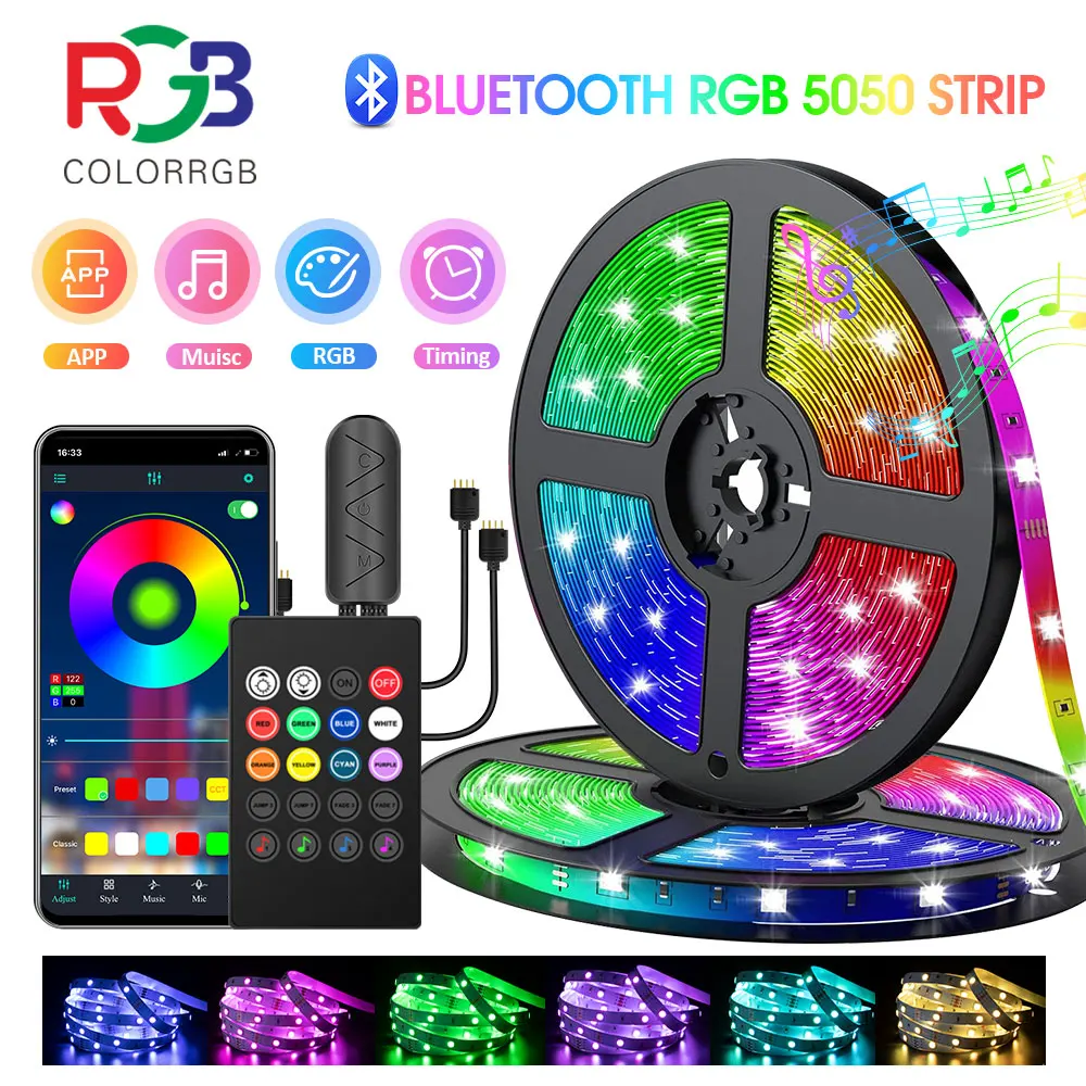 Светодиодная лента, RGB 5050, изменение цвета музыки и синхронизации, встроенный микрофон, светодиодные лампы с управлением через приложение, 5 м, 10 м, 20 м