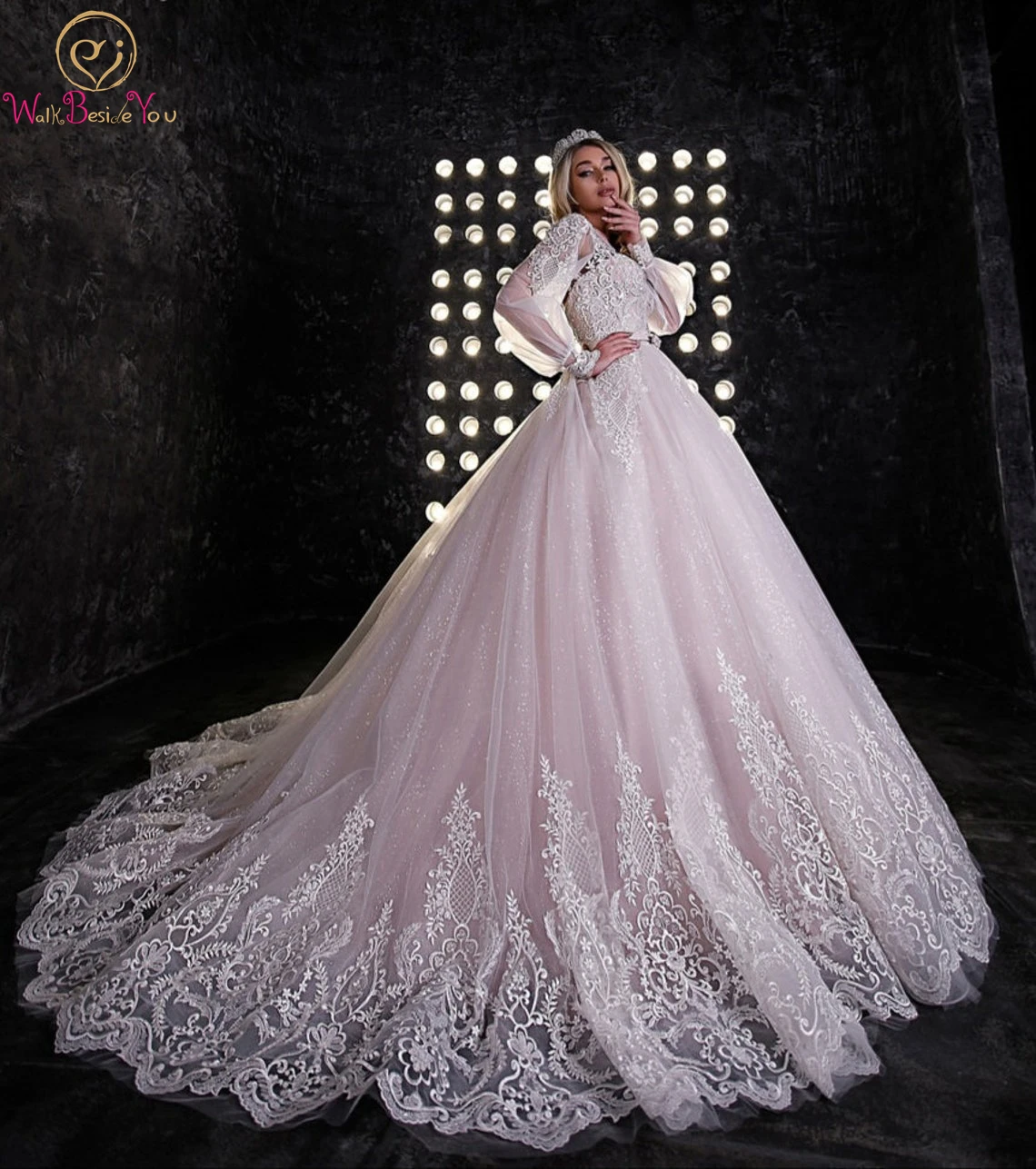 

Ivory-Pink Lave Appliques Tulle Wedding Dress 2022 Puff Full Sleeves Ball Gown Bling Glitters with Bow Belt Bride Gown Elegant