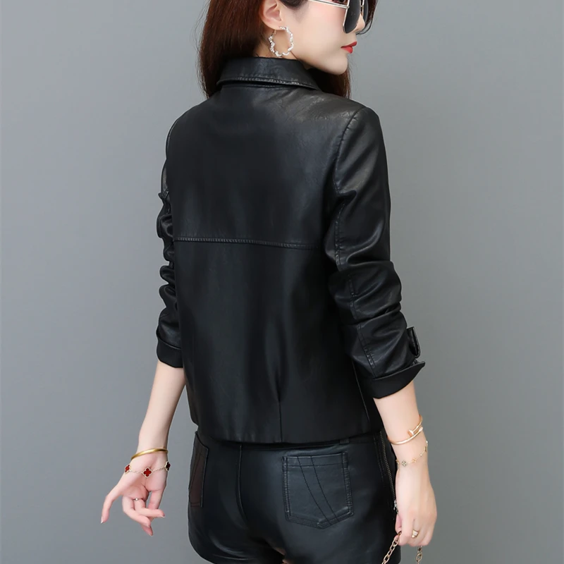 Women's Faux Leather Jacket Long Sleeve Button Front Cropped Outerwear Casual Shirt Blazer Coat  with Bust Pocket