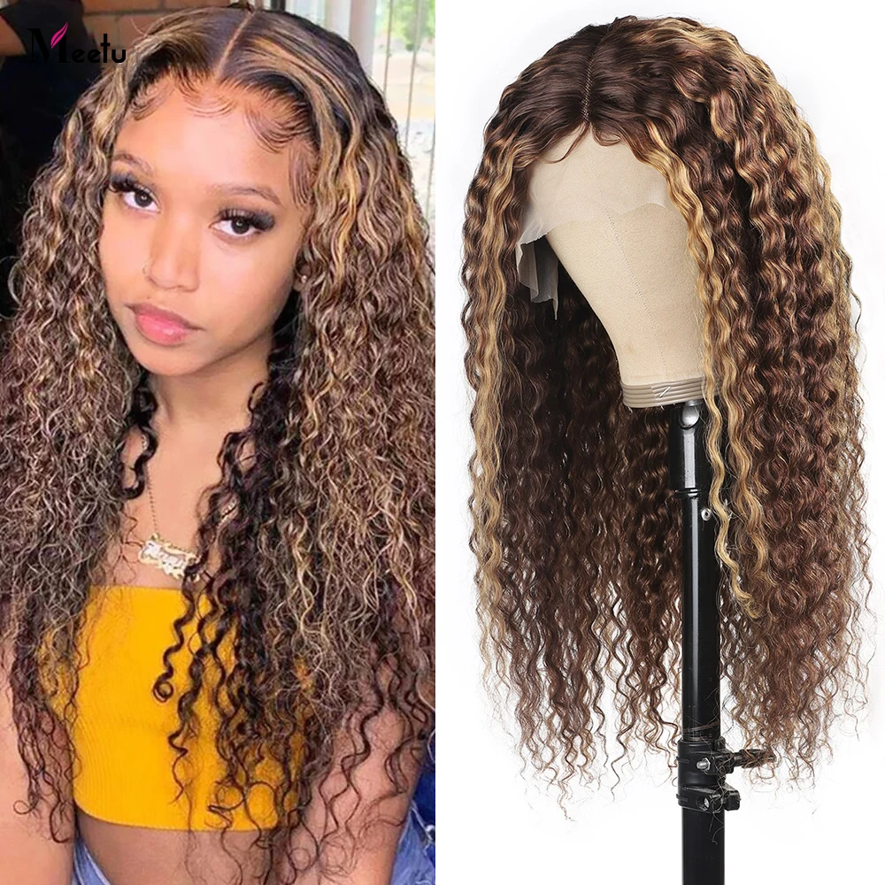 

Highlight Ombre Kinky Curly Human Hair Wigs 4x4 Lace Closure Wig Pre-Plucked Remy Lace Front Wigs For Women Bleached Knots
