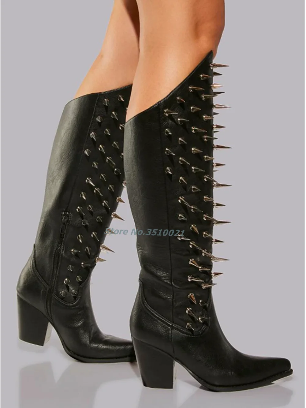 Long Spiked Rivet Cowboy Boots Pointed Knee-High Chunky Block Heels Side Zip Sexy Black Leather Solid Color Punk Style Shoes