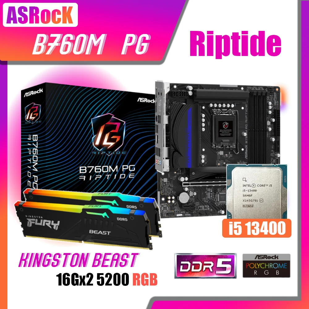 

ASRock B760M PG Riptide DDR5 LGA1700 Motherboard With Intel Core i5 13400 Processor Kit Fury DDR5 5200MHz 16G x2 RGB Memory