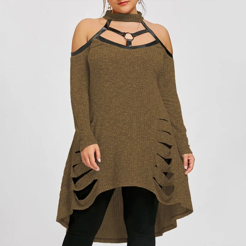 

Off Shoulder Scarf Patchwork Oversize Dress Women Sexy Hollow Out Hole Autumn Winter Long Sleeve Knitted Sweater Dress Clothing