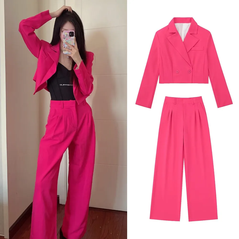 

Женский однотонный костюм PB & ZA, свободный короткий костюм с высокой талией и широкими брюками, костюм из двух предметов, осень 2022