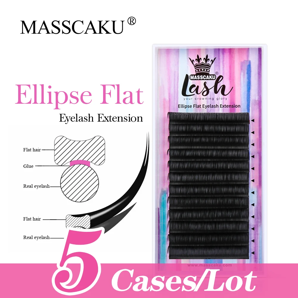 5Case/lot MASSCAKU Wholesale Individual Mink Eyelashes Matte Black Ellipse Flat Split Tips Lashes Long Lasting Lash Extension