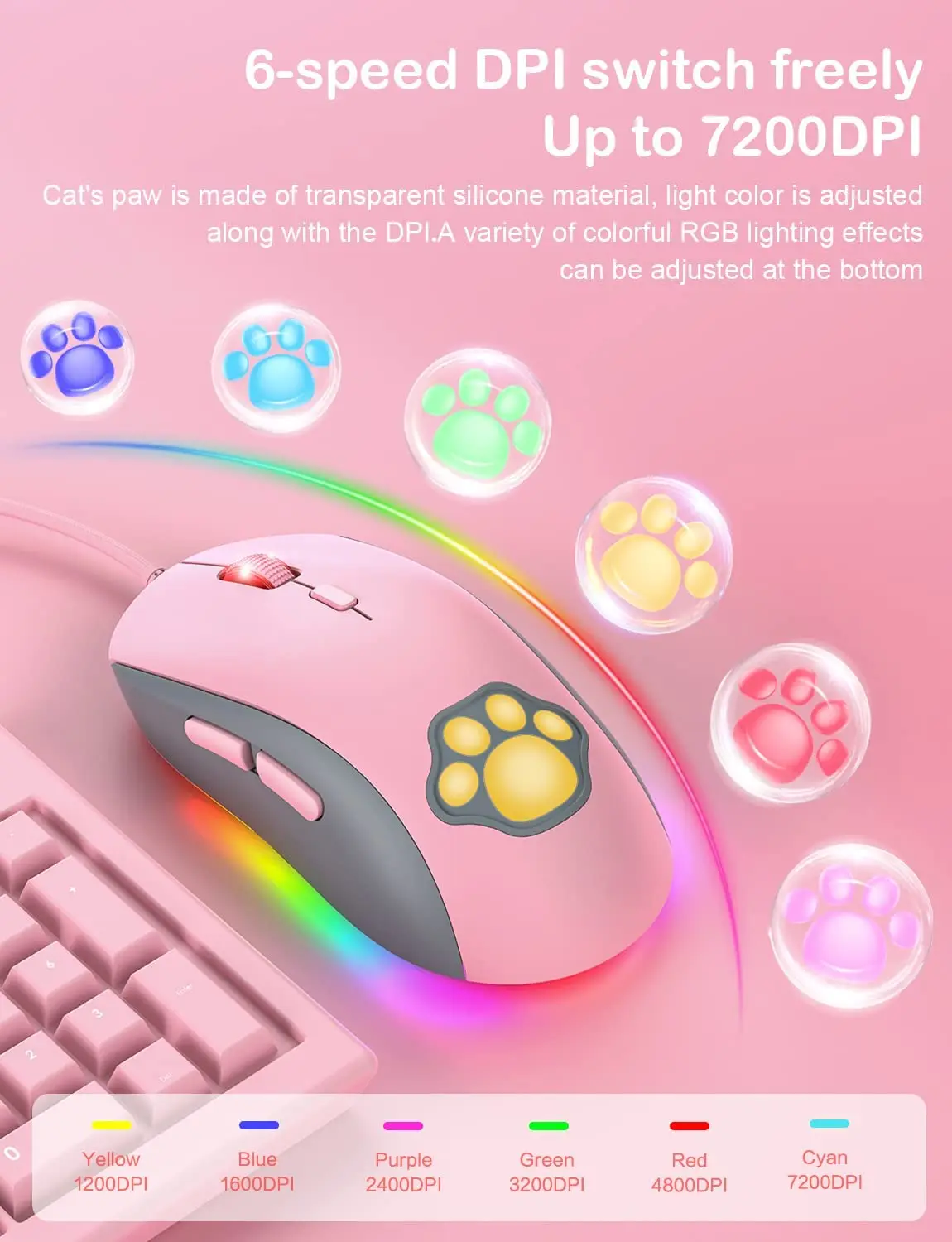 Cat Paw RGB Gaming Mouse Silent Optical Computer Mice USB Wired DPI 7200 6 Programmable Buttons for Windows/Vista/Linux |