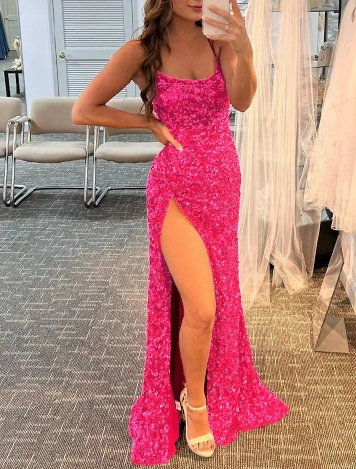 

Hot Pink Long Mermaid Prom Dress Stragless Sleeveless Split Side Floor Length Sequined Formal Party Gowns