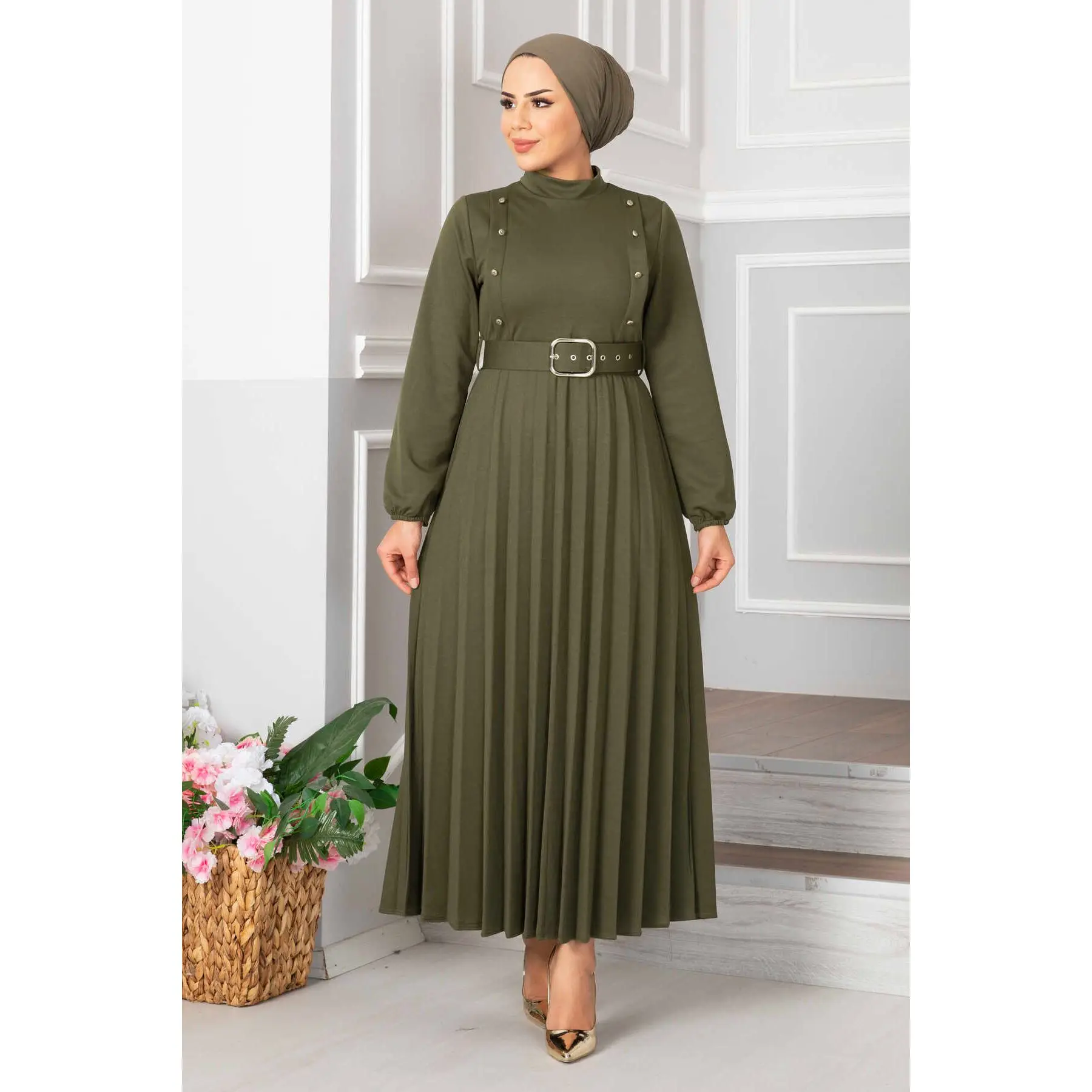 Muslim Women's Buttoned and Belted Pleated Maxi Dress Muslim Fashion Modest Clothing Morocain Abaya Kaftan Dubai Turkey 2023