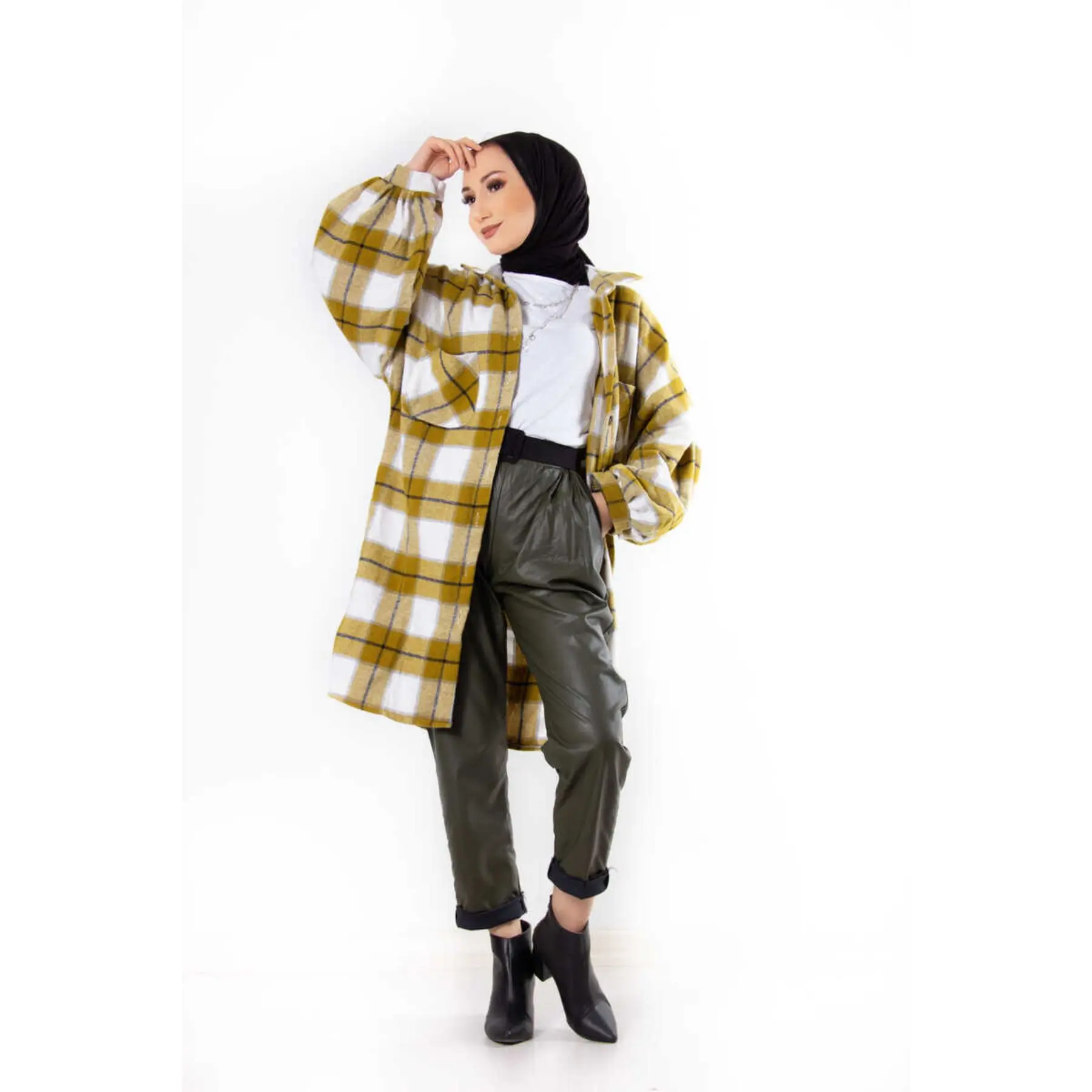 

Lumberjack Shirt Tunic Muslim Women Long Sleeve Shirt collar Square Detailed Winter Women Muslim Clothing Hijab Fashion Dubai