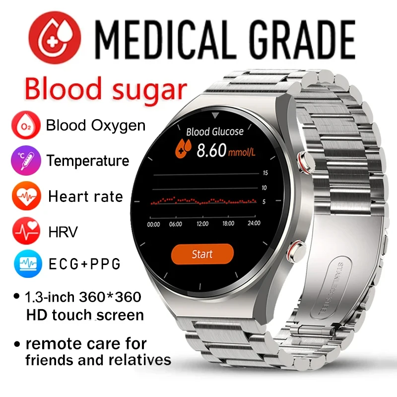 

2023 New Noninvasive Blood Sugar ECG+PPG Smart Watch Men Heart Rate Blood Oxygen Health Smartwatch IP67 Waterproof Sport Watch